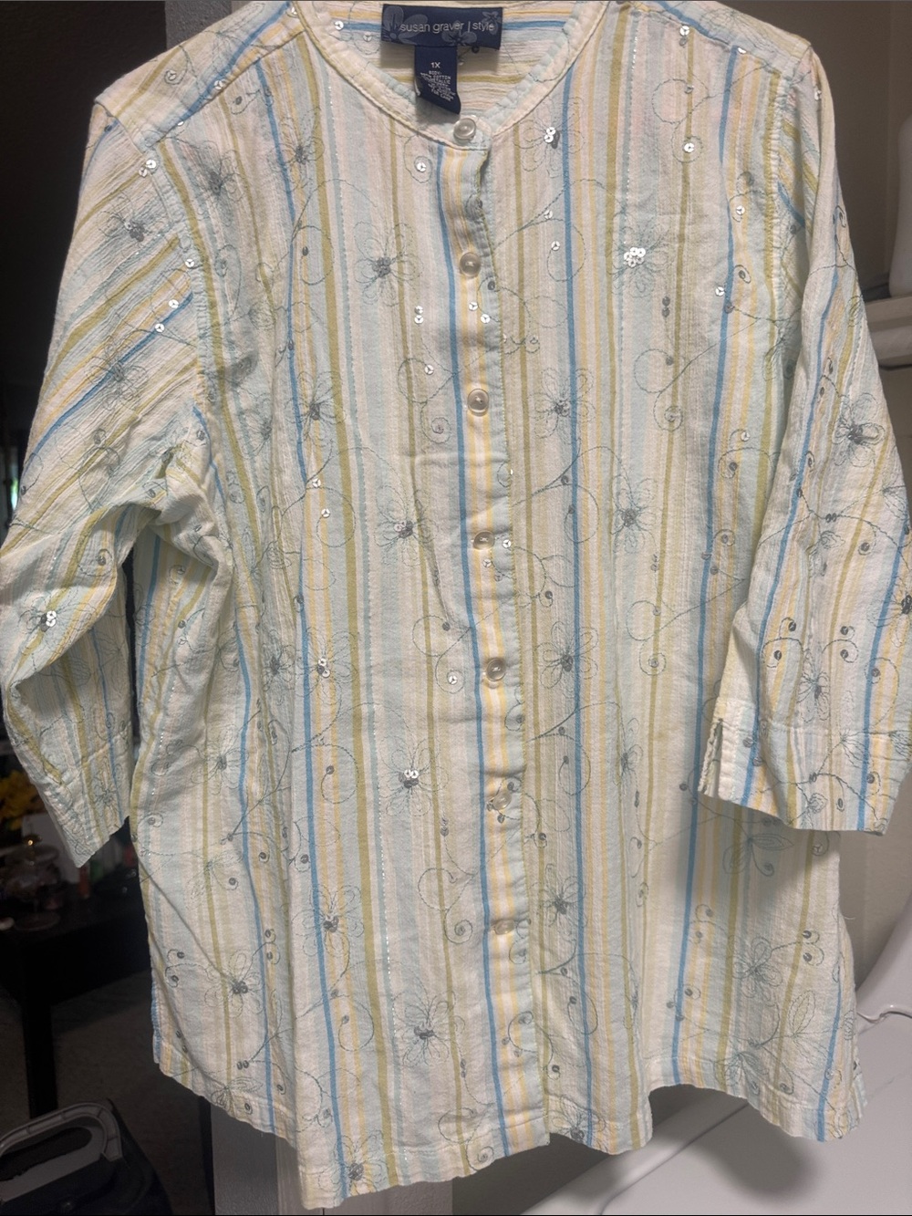 Susan Graver Blue, Yellow & White Striped Embroidered Button-Front Shirt